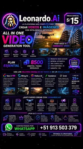 #inteligenciaartificial 🚀 LEONARDO.AI – ALL IN ONE VIDEO GENERATION TOOL 💰 PRECIO ESPECIAL: S/ 15. 1 mes 🎯 PLAN: ESSENTIAL. 💎 CRÉDITOS: 8,500 créditos / tokens 📦 TIPO DE PRODUCTO: Cuenta lista para usar ⚡ ENTREGA: Automática 🤖 ¿QUÉ ES LEONARDO.AI? Leonardo.AI es una potente plataforma de Inteligencia Artificial TODO EN UNO diseñada para crear imágenes y videos con IA. Te permite acceder desde una sola plataforma a diferentes herramientas y modelos avanzados de generación de contenido. 🎬 ¿