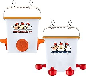 Chicken Feeder and Waterer Set 20LB/3Gal, Automatic Poultry Feeder and Waterer for Coop or Run, Chicken Coop Hanging Bucket Feeder and Waterer Reduce Waste