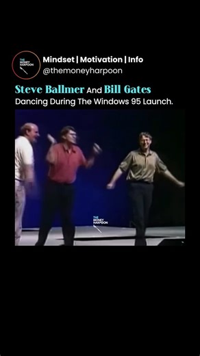 Mindset | Motivation | Money on Instagram: "Peak 90s energy. Steve Ballmer and Bill Gates dancing on stage at the Windows 95 launch like nobody’s watching 💃🕺 No slides. No keynote polish. Just raw hype and dad moves. They don’t make tech launches like this anymore. #Windows95 #ThrowbackTech #BillGates #SteveBallmer #TechHistory #OGLaunch"