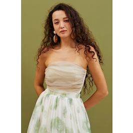 Mesh Overlay Ruched Tube Top in Light Tan