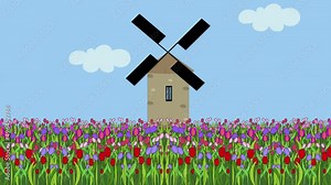 animated cartoon where a windmill rotates the blades and clouds float against the background of a tulip field like in Holland