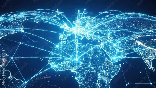 Global network connections, illustrating interconnectedness across the world with glowing lines and nodes on a world map.