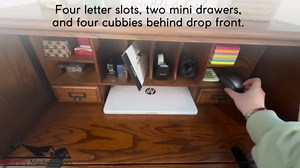 Secretary Desk Solid Oak Wood Drop Front Desk with Drawer Sturdy Curved Cabriole Legs 32" W x 29" D x 41.5" H Laptop Desk Harvest Finish Home Office, Kitchen, Family Room, Bedroom