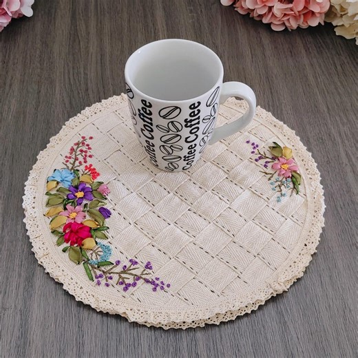 Handmade Embroidered Mug Rug – Shabby Chic Floral Ribbon Embroidery Mug Mat - Etsy Canada