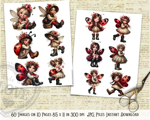 Ladybug Fairy Fussy Cuts: Whimsical Printable Ephemera (Digital Download)