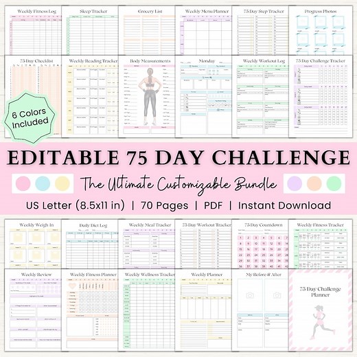 Editable 75 Day Challenge Planner | 75 Soft Challenge Printable | 75 Day Fitness Journal | 75 Medium Challenge Tracker | Fillable Template - Etsy