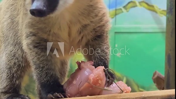 A brown bear is eating a piece of meat. The bear is in a zoo enclosure. The meat is on a wooden table