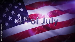 4th July USA Independence Day cinematic title. The USA National flag and firework texture, American flag. 4K 3D ID4 US flag video waving in wind