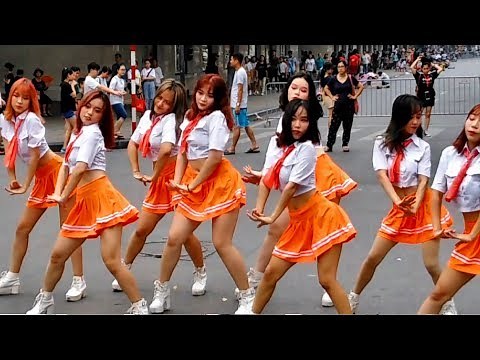 Vietnamese Girls Dance to KPop Music in Hanoi Vietnam Old Quarter Street