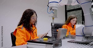 female asian technician adult working in robotics lab operating robotic arm and analyzing automation process on tablet during engineering training for cobot calibration in smart factory environment Stock Video