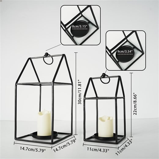 Set of 2 Metal Candle Lanterns, House Shape