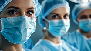 Female nurse surgeon in surgical mask and cap, standing with medical team in operating room, prepared for surgery close up shot group of workers portrait in hospital