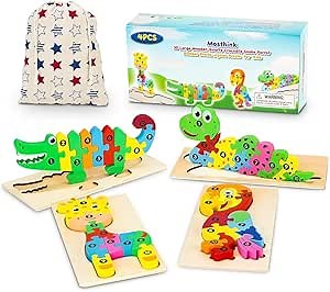 Mosthink Wooden Jigsaw Puzzles for Kids, Animal Number Block Puzzles, Educational Back to School Toys for 3,4,5,6 Years Old Boys and Girls (4 Pack)