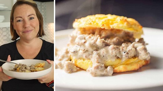 Super easy keto biscuits piled high with keto sausage gravy…makes a delicious and filling breakfast. The biscuits are filled with cheddar cheese and are really easy to make. The keto sausage gravy only requires 4 ingredients! ✅Recipe: https://jenniferbanz.com/low-carb-biscuits-gravy | Low Carb Recipes with Jennifer