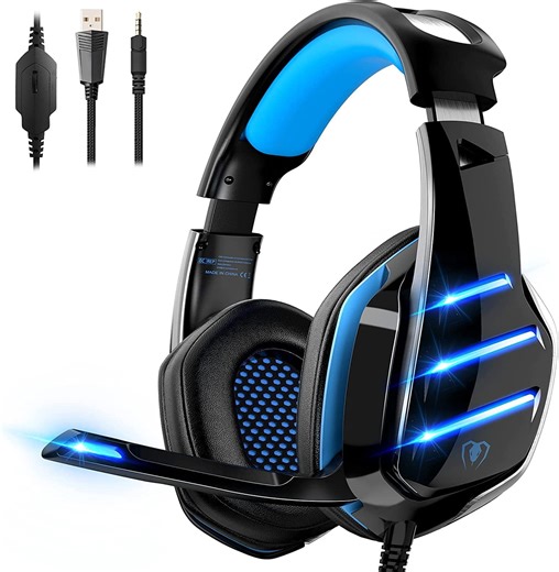 Beexcellent Gaming Headset for PS4 PS5 Xbox One Switch PC with Noise Cancelling Over-Ear Stereo Bass Surround Sound (Black Blue)