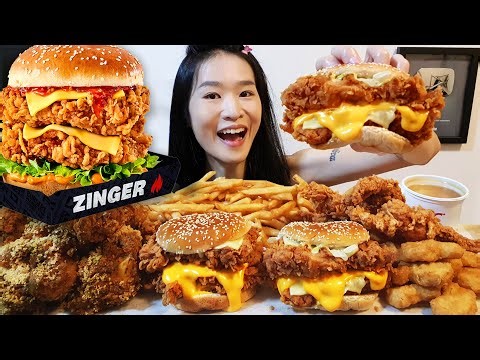 Eating KFC's CHEESIEST Zinger Stacker Chicken Sandwich & Cereal Extra Crispy Chicken - Mukbang ASMR