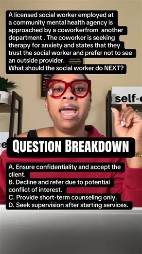‼️Let’s BREAK it DOWN‼️ LMSW/ LCSW Exam Prep Practice Question Breakdown (Dual Relationships) Here’s the full breakdown of the question previously posted. How did you do? Let me know in the comments if you got it correct. #LMSW #LCSW #SocialWorkExamPrep DM for access to the free practice quiz