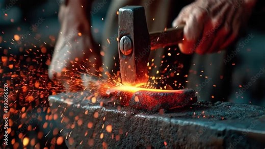 Traditional blacksmith at work, hammer hitting red-hot iron on anvil, sparks creating dynamic movement in the scene.
