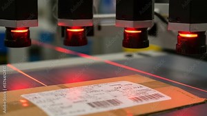Modern industrial barcode scanner scans cardboard packages in automated assembly line. Barcode scanner works in factory automation, ensuring product tracking and logistics efficiency.