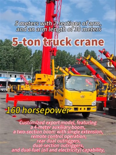 Export-Customized 5-Ton Truck Crane: Featuring a 30-meter boom length (comprising a 5-meter, 7-section main boom and a 4-meter jib), this unit supports remote control operation and a single-extension mechanism for the second boom section. It offers dual power capability (diesel/electric), is driven by a 160-horsepower engine, and is equipped with dual-stage outriggers, dual hooks, and dual 8-ton winches. With a maximum lifting capacity of 8 tons, it rides on 700-series tires and utilizes an air-