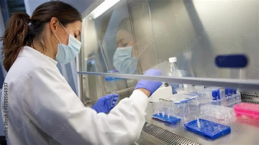 Researcher using a clean bench for sample preparation highlighting sterile handling and contamination prevention methods in a controlled lab space.