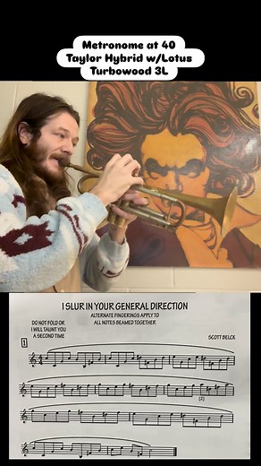 Dr. Scott Belck has a line of books with unique and comedic takes on our fundamentals we play. His lip slur book is hands down one of my favorite of the bunch. Not only are the exercises well-written and fun to play, but the names make me chuckle pretty often. I Slur in your General Direction is a Monty Python reference, a personal FAVORITE of mine. Metronome is clicking at 40, giving me the downbeat of every measure. I like doing metronomic subdivisions, as it betters my inner sense of time! En