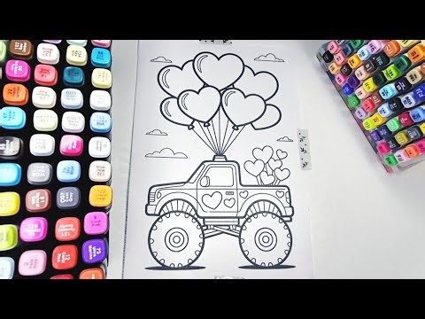 Satisfying ASMR Color With Me | Cute Monster Truck with Heart Balloons 🎈 Relaxing Coloring