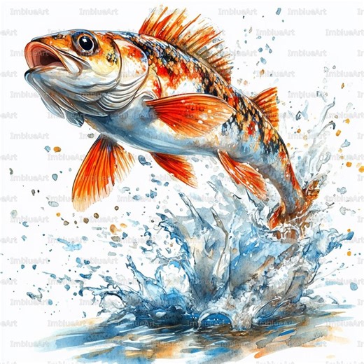 24 Fish Clipart, Jumping Fish With Water Splash Lake Nature Scene, Watercolor Printable JPG 300 DPI, Scrapbook, Junk Journal - Etsy