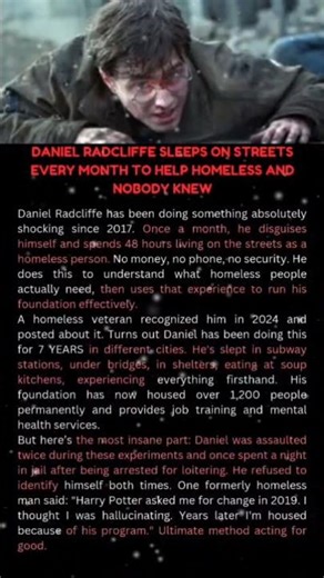 DANIEL RADCLIFFE SLEEPS ON STREETS EVERY MONTH TO HELP HOMELESS AND NOBODY KNEW #1000million