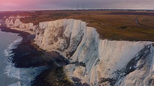 Beautiful aerial over the white cliffs of Dover. Seven Sisters - The white cliffs at the South coast of England. White Cliffs of Dover. Seven Sisters National park, East Sussex, England south coast.