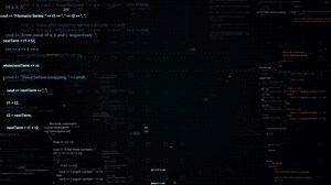Abstract flight through moving computer code on black background with 3D effect. Animation. Lines of written code, futuristic software and informational era concept.