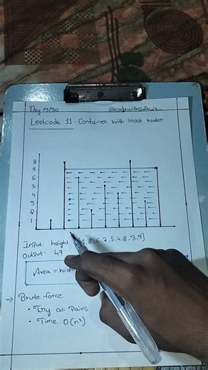 Sathwik bhat on Instagram: "Day 13/30 - LeetCode 11: Container With Most Water (Part 1) 💧 Starting with the Brute Force approach! 🔍 The logic: Check ALL possible pairs of lines Calculate area for each pair Area = min(height[i], height[j]) × (j - i) Track maximum area found Time: O(n²), Space: O(1) ⏱️ This works... but it's SLOW for large inputs 🐢 ⚠️ Part 2 coming: Optimized Two Pointer solution that does it in O(n)! Understanding brute force first = Better optimization understanding 🧠 Drop "