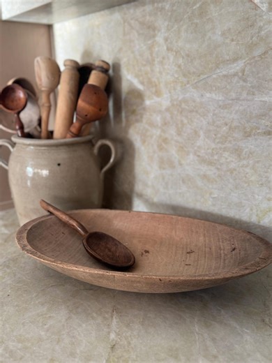 Hand-carved Wood Dough Bowl With Spoon | Large European Primitive Decor - Etsy
