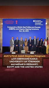 Introducing AUC's First Joint Degree: The Master of Arts in Comparative and Middle East Politics and Society In collaboration with the University of Tübingen, AUC launched a cutting-edge Master's program that not only offers a comprehensive study of comparative politics and society in the Middle East but also holds the distinction of being AUC's first-ever joint degree accredited in Germany, Egypt and the United States. #AUCAcademics #AUCDriven | AUC The American University in Cairo