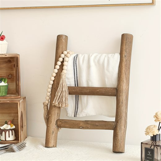 Rustic Wooden Mini Towel Ladder-Freestanding Tea Towel Ladder & Small Wooden Ladder Decor, Ideal as a Towel Ladder for Bathroom, Kitchen Hand Towel Holder Stand