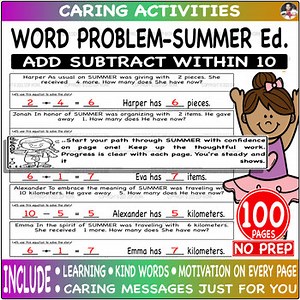 Addition & Subtraction within 10 word problem math worksheet Set Go - Summer Ed.