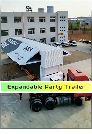 A tractor truck towing a transformable mega party house traveling around the world! #Mobileparty #Campingtrailer #eventplanning #flashmob #popupking