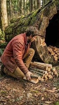 A Huge Ancient Tree Log Became My Fully Modern Survival Shelter. #woodlogs #woodlife #woodproject