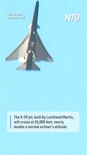 NASA’s new X-59 Quesst quiet supersonic jet took off for its first flight from the U.S. Air Force’s Plant 42 in Palmdale, California, early on Oct. 28. | NTD Television