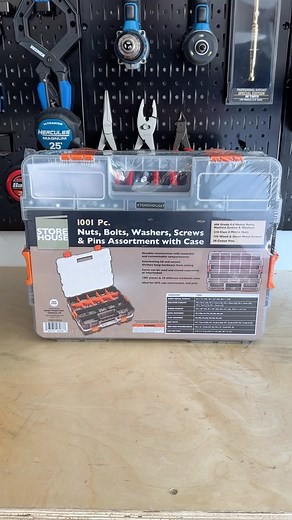 This case has 1,001 SAE and metric nuts, bolts, machine screws, wood screws, sheet metal screws, washers, and cotter pins in two durable multi-compartment stackable organizers. Priced at only $22.99! #HarborFreight | Harbor Freight