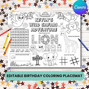 Editable Safari Birthday Coloring Placemat, Jungle Animals Party Activity for Kids, Printable Safari Party Favors, Wild One Two Wild Theme - Etsy