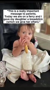 Thank you to the mama who shared her story with us, to remind others ❤️⁠ ⁠ "This is a really important message to parents.⁠ Today we are on a ferry and I gave my daughter a breadstick (which we give her often). ⁠ I noticed the tip of it was missing, and she had blocked airways, mouth open, choking and she started turning red.⁠ We quickly got her out, put her over our knee, and did what we were taught at training to dislodge the object. This was the piece that was stuck.⁠ This was a very close ca