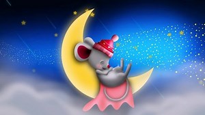 Adorable cartoon of a cute mouse peacefully sleeping on the moon, creating a charming and whimsical nighttime scene.
