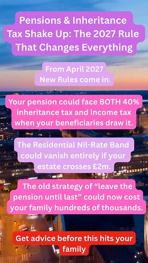 Pensions and inheritance tax are about to collide — and most people still have no idea what’s coming in 2027. For years, pensions were one of the most effective ways to pass money down a generation. They sat outside your estate. They avoided inheritance tax. And your beneficiaries often paid no income tax if you died before 75. From April 2027, that all changes. Your pension could now be hit with: ✔ 40% inheritance tax, and ✔ income tax when your beneficiaries draw it A double tax hit that could