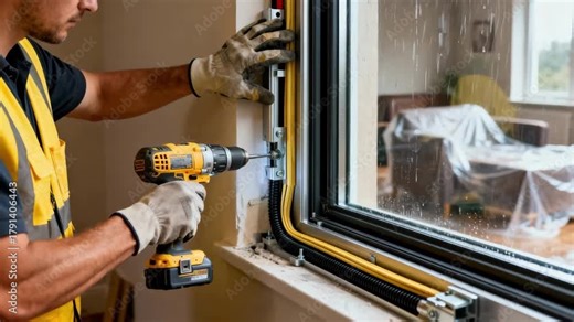 Professional installing stormresistant window with weatherproof materials in progress focusing on safeguarding interiors from extreme weather conditions.