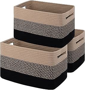 OIAHOMY Storage Basket, Woven Baskets for Storage, Cotton Rope Basket for toys,Towel Baskets for Bathroom - Pack of 3, Black & Brown
