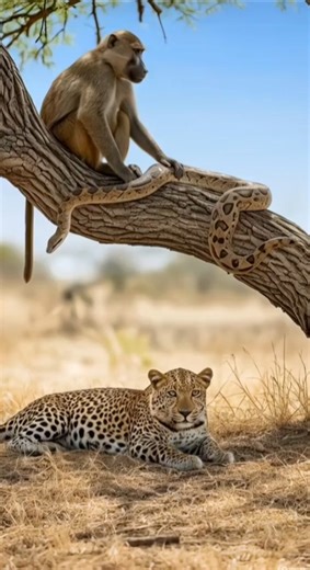 Monkey grabs a long snake so it doesn't fall on a tiger.