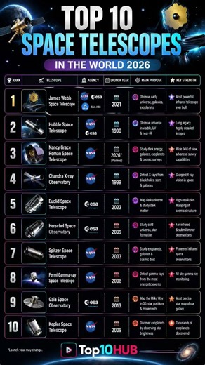 Top 10 Most Powerful Space Telescopes in the World 2026 🌌🔭 |Top10HUB #astronomer #youngestastronomer