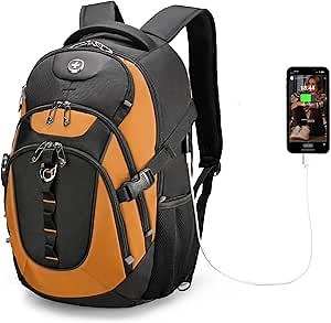 Swissdigital Design Laptop Backpack with USB Charging Port, Travel Backpack Fits 15.6 inches Computer, 31L College School Backpack for Men, Orange/Black | SD803-66
