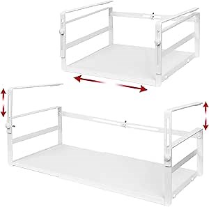 Under Shelf Storage Basket Organizer Expandable - Adjustable Width Height Cabinet Space Saver - Clip On Metal Hanging Rack - 30lb Capacity Kitchen Office Bathroom Declutter Solution - 2 Pack, White